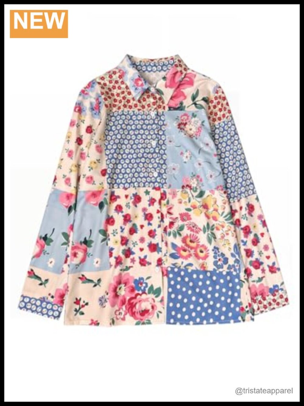 Women's Peasant Patchwork Collared Long Sleeve Button Down Blouse Floral Boho